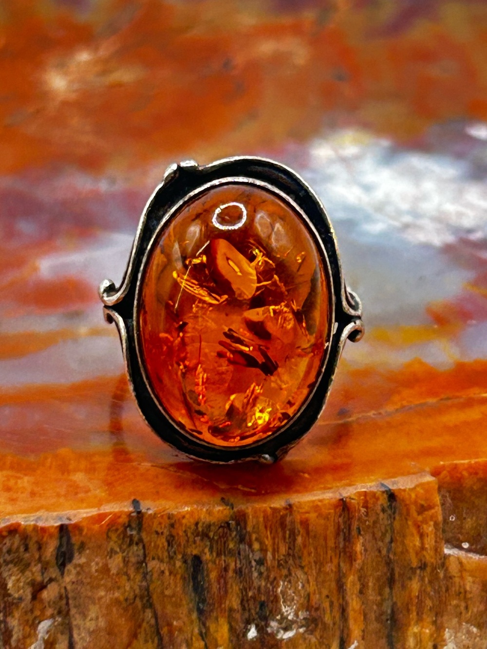 Vintage Sterling Silver Amber Ring - Size 6